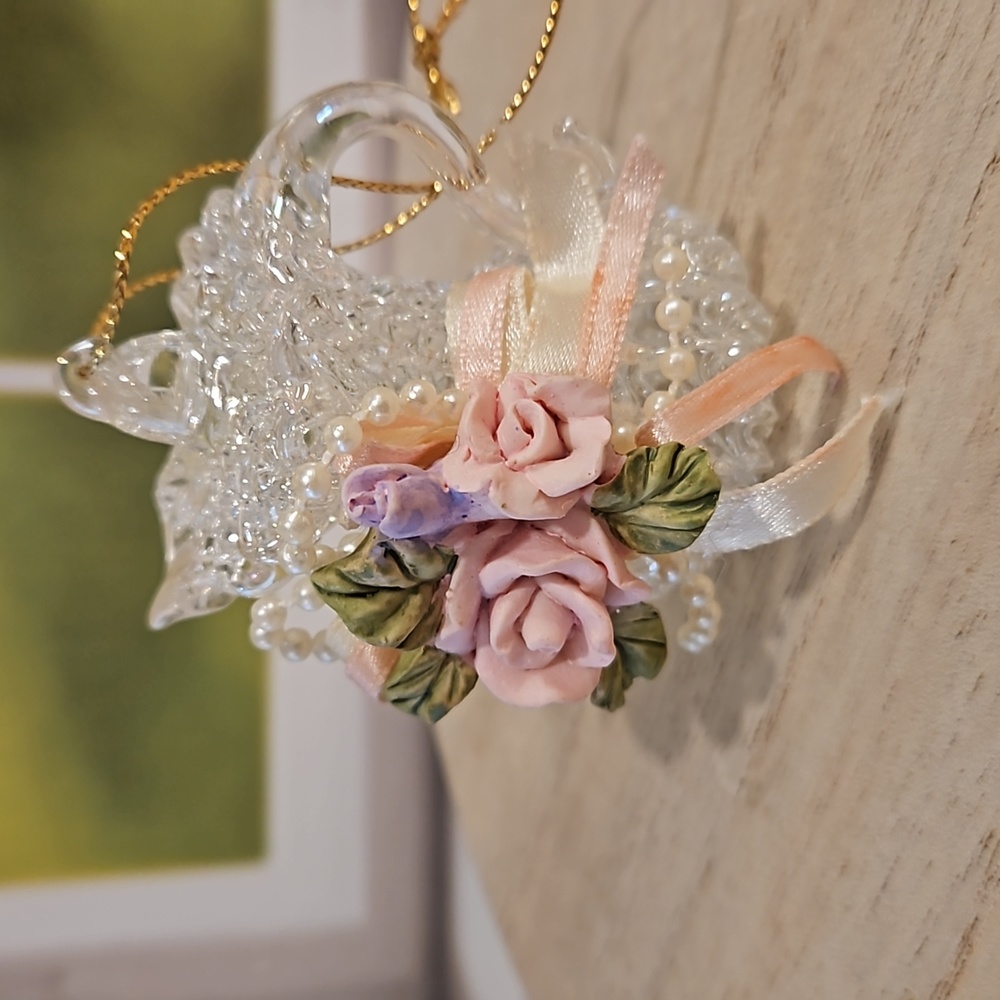 Shabby Chic spun glass jug pitcher roses pearls ornament decor Christmas Mom